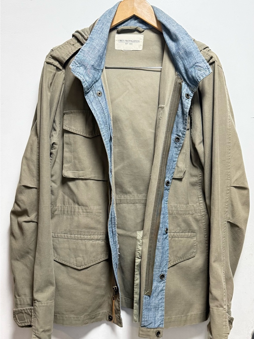 Obey Men's Military Field Jacket in Olive with Light Blue Lining - Picture 2 of 11